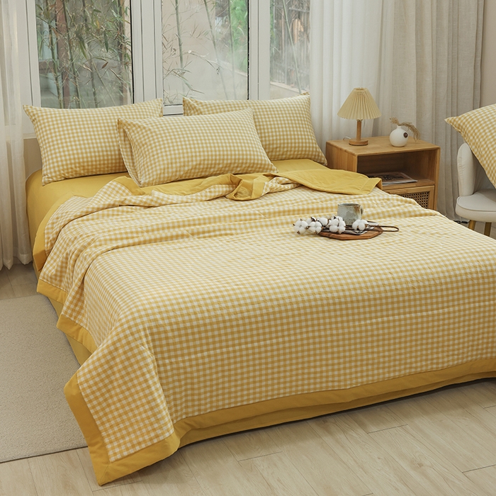 91家纺网 家纺一手货源 找家纺 柠萌家居 2026新款全棉色织水洗棉棉花夏被四件套里外全棉空调被 夏凉被被子被芯 黄小格