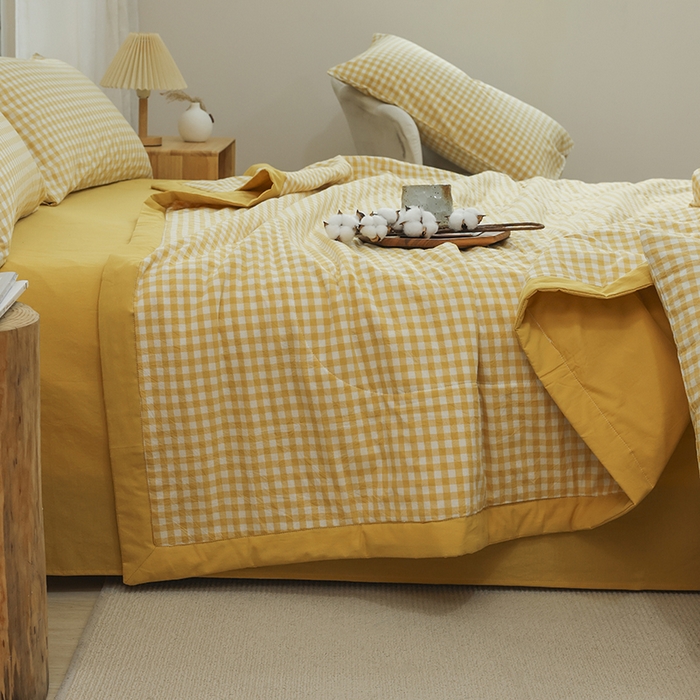 91家纺网 家纺一手货源 找家纺 柠萌家居 2026新款全棉色织水洗棉棉花夏被四件套里外全棉空调被 夏凉被被子被芯 黄小格