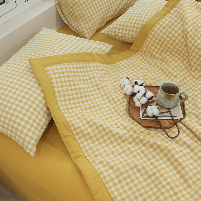 91家纺网 家纺一手货源 找家纺 柠萌家居 2026新款全棉色织水洗棉棉花夏被四件套里外全棉空调被 夏凉被被子被芯 黄小格