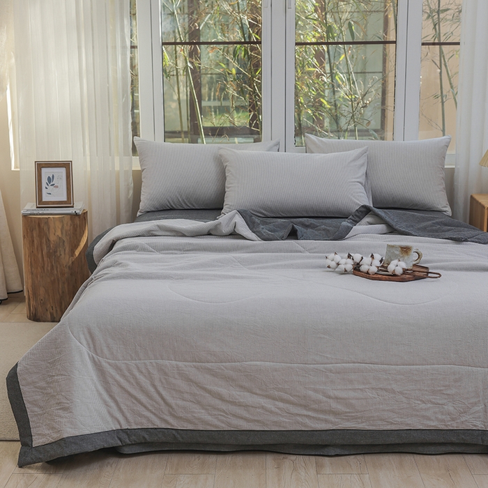 91家纺网 家纺一手货源 找家纺 柠萌家居 2026新款全棉色织水洗棉棉花夏被四件套里外全棉空调被 夏凉被被子被芯 灰密条