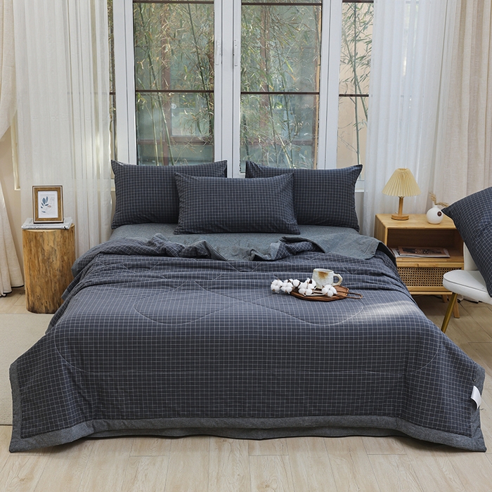 91家纺网 家纺一手货源 找家纺 柠萌家居 2026新款全棉色织水洗棉棉花夏被四件套里外全棉空调被 夏凉被被子被芯 灰小格