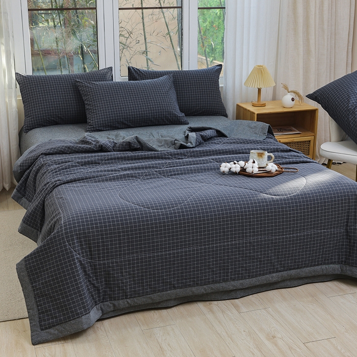 91家纺网 家纺一手货源 找家纺 柠萌家居 2026新款全棉色织水洗棉棉花夏被四件套里外全棉空调被 夏凉被被子被芯 灰小格