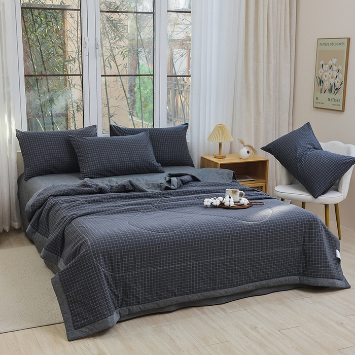 91家纺网 家纺一手货源 找家纺 柠萌家居 2026新款全棉色织水洗棉棉花夏被四件套里外全棉空调被 夏凉被被子被芯 灰小格