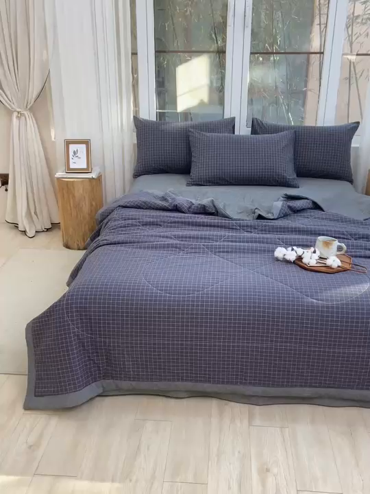91家纺网 家纺一手货源 找家纺 柠萌家居 2026新款全棉色织水洗棉棉花夏被四件套里外全棉空调被 夏凉被被子被芯 灰小格