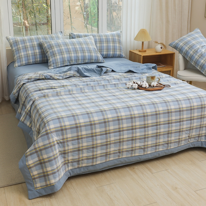 91家纺网 家纺一手货源 找家纺 柠萌家居 2026新款全棉色织水洗棉棉花夏被四件套里外全棉空调被 夏凉被被子被芯 简兮蓝