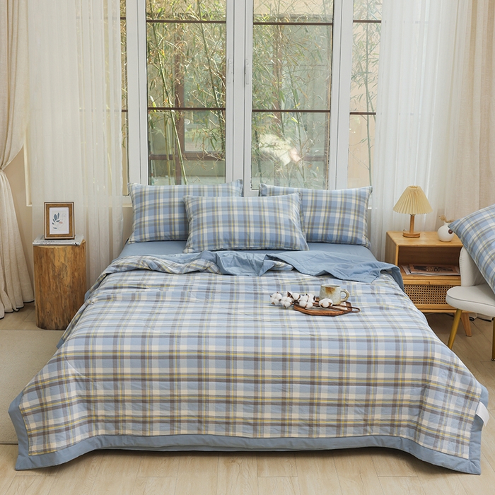 91家纺网 家纺一手货源 找家纺 柠萌家居 2026新款全棉色织水洗棉棉花夏被四件套里外全棉空调被 夏凉被被子被芯 简兮蓝