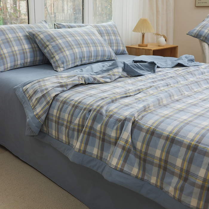 91家纺网 家纺一手货源 找家纺 柠萌家居 2026新款全棉色织水洗棉棉花夏被四件套里外全棉空调被 夏凉被被子被芯 简兮蓝