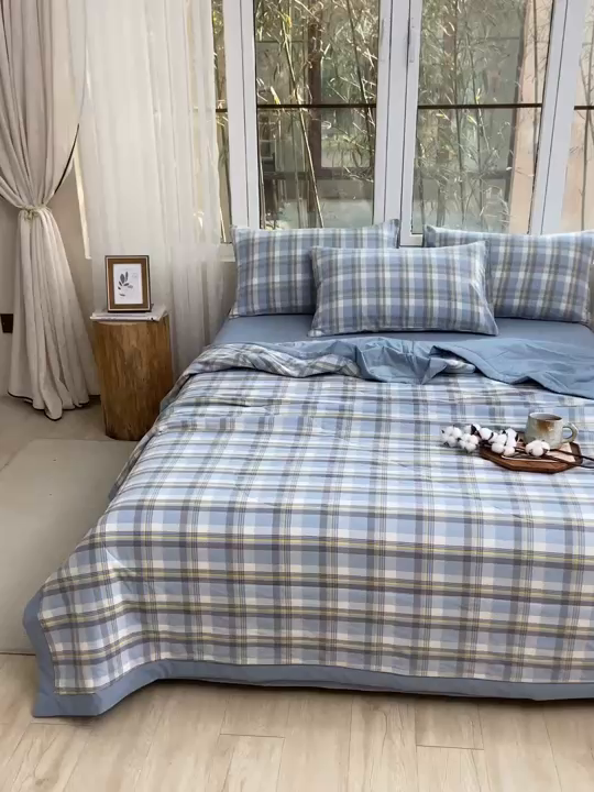 91家纺网 家纺一手货源 找家纺 柠萌家居 2026新款全棉色织水洗棉棉花夏被四件套里外全棉空调被 夏凉被被子被芯 简兮蓝