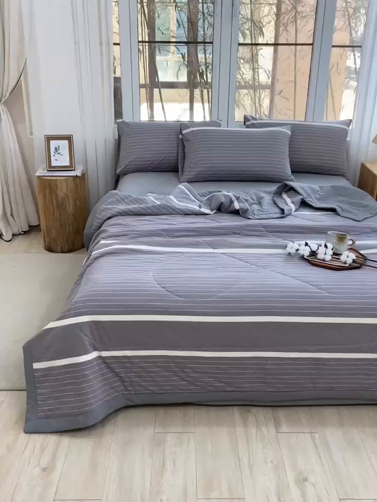 91家纺网 家纺一手货源 找家纺 柠萌家居 2026新款全棉色织水洗棉棉花夏被四件套里外全棉空调被 夏凉被被子被芯 宽双线冷灰