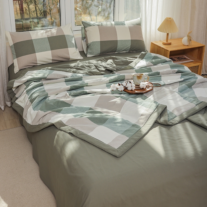 91家纺网 家纺一手货源 找家纺 柠萌家居 2026新款全棉色织水洗棉棉花夏被四件套里外全棉空调被 夏凉被被子被芯 绿大格