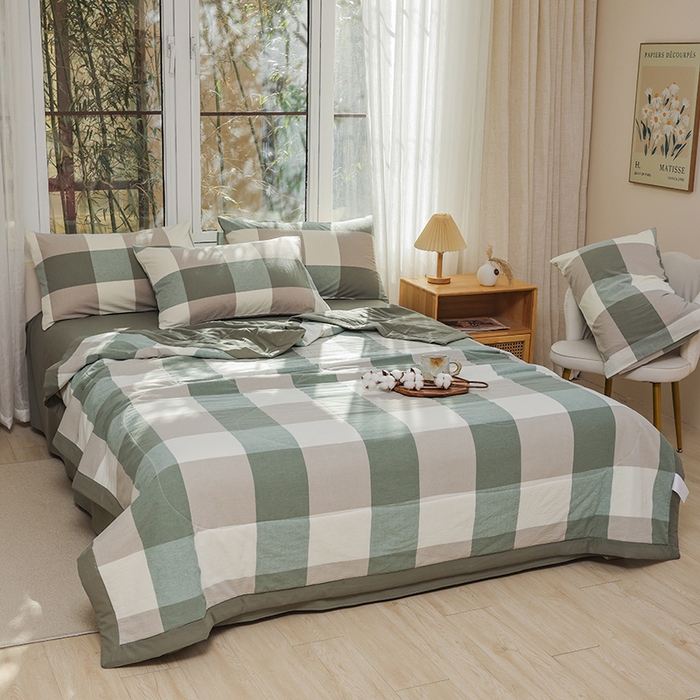 91家纺网 家纺一手货源 找家纺 柠萌家居 2026新款全棉色织水洗棉棉花夏被四件套里外全棉空调被 夏凉被被子被芯 绿大格