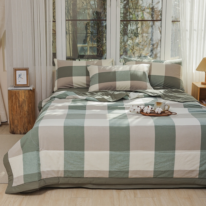 91家纺网 家纺一手货源 找家纺 柠萌家居 2026新款全棉色织水洗棉棉花夏被四件套里外全棉空调被 夏凉被被子被芯 绿大格