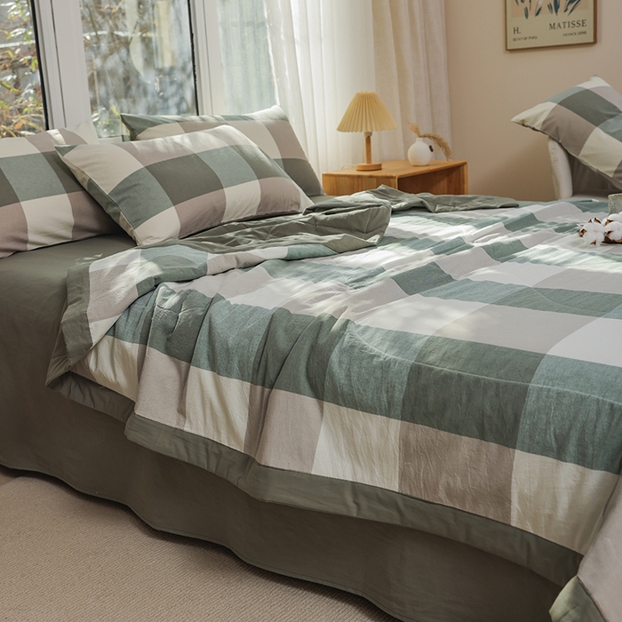 91家纺网 家纺一手货源 找家纺 柠萌家居 2026新款全棉色织水洗棉棉花夏被四件套里外全棉空调被 夏凉被被子被芯 绿大格