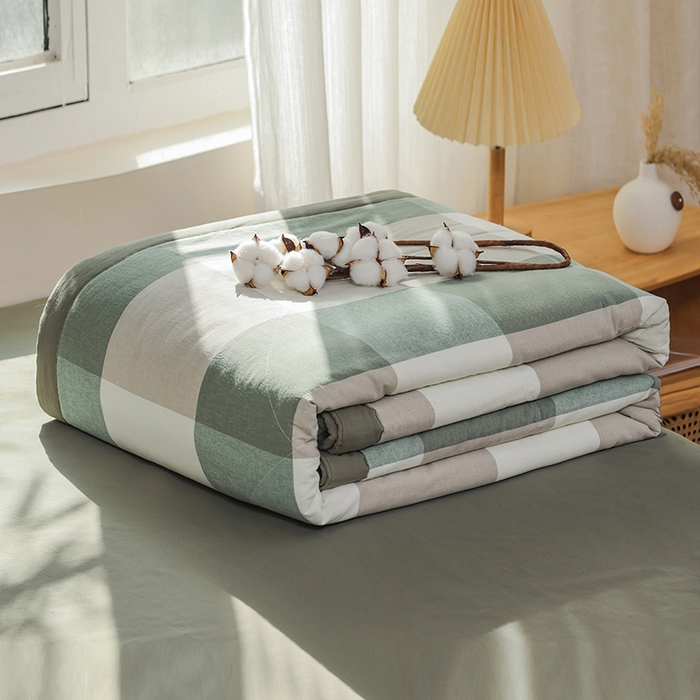 91家纺网 家纺一手货源 找家纺 柠萌家居 2026新款全棉色织水洗棉棉花夏被四件套里外全棉空调被 夏凉被被子被芯 绿大格