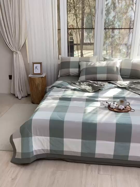 91家纺网 家纺一手货源 找家纺 柠萌家居 2026新款全棉色织水洗棉棉花夏被四件套里外全棉空调被 夏凉被被子被芯 绿大格