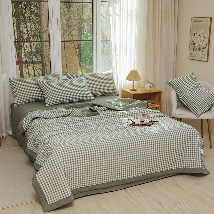 91家纺网 家纺一手货源 找家纺 柠萌家居 2026新款全棉色织水洗棉棉花夏被四件套里外全棉空调被 夏凉被被子被芯 绿小格