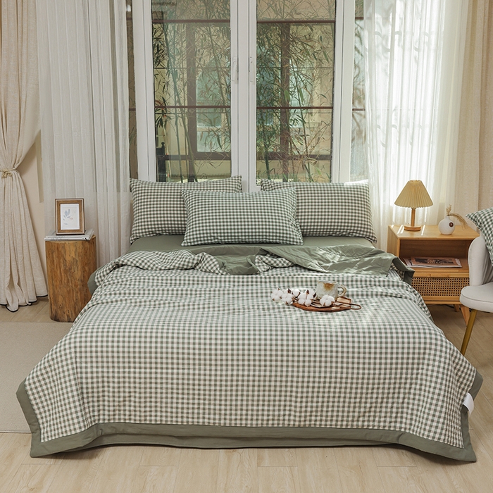 91家纺网 家纺一手货源 找家纺 柠萌家居 2026新款全棉色织水洗棉棉花夏被四件套里外全棉空调被 夏凉被被子被芯 绿小格