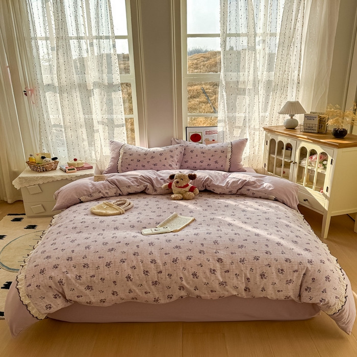 91家纺网 家纺一手货源 找家纺 （总）贝凯瑞 2026新款小花边水洗棉绣花ins小清新床单床裙床笠四件套