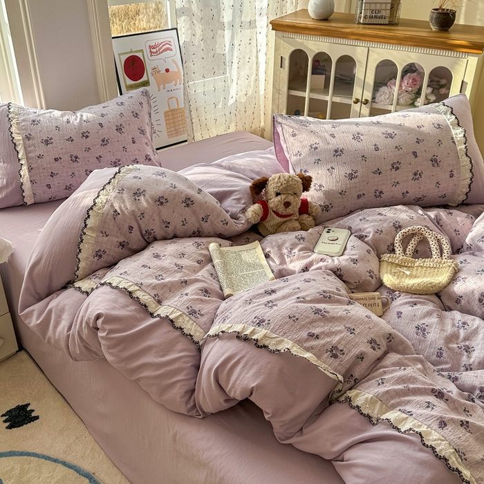 91家纺网 家纺一手货源 找家纺 （总）贝凯瑞 2026新款小花边水洗棉绣花ins小清新床单床裙床笠四件套