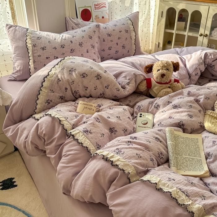 91家纺网 家纺一手货源 找家纺 （总）贝凯瑞 2026新款小花边水洗棉绣花ins小清新床单床裙床笠四件套