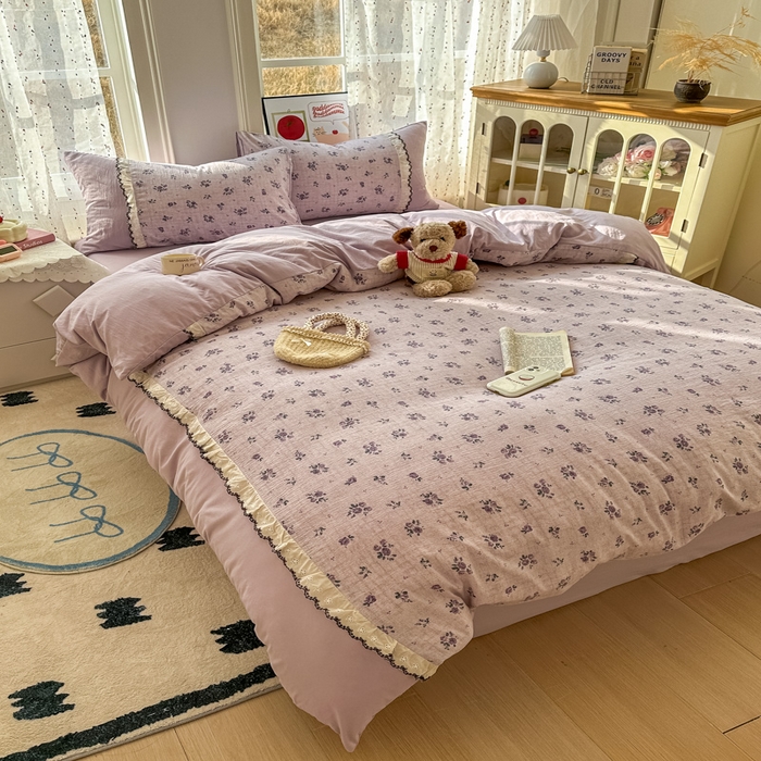 91家纺网 家纺一手货源 找家纺 （总）贝凯瑞 2026新款小花边水洗棉绣花ins小清新床单床裙床笠四件套