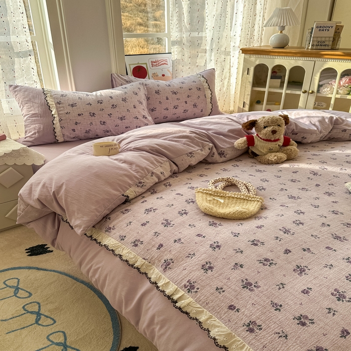 91家纺网 家纺一手货源 找家纺 （总）贝凯瑞 2026新款小花边水洗棉绣花ins小清新床单床裙床笠四件套