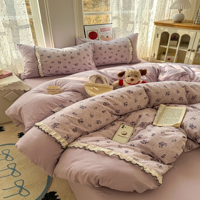 91家纺网 家纺一手货源 找家纺 （总）贝凯瑞 2026新款小花边水洗棉绣花ins小清新床单床裙床笠四件套