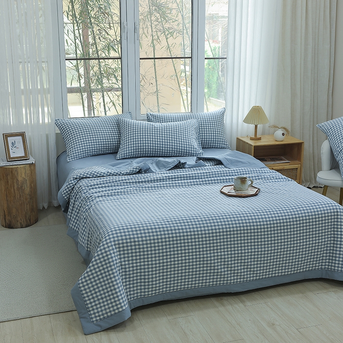 91家纺网 家纺一手货源 找家纺 柠萌家居 2026新款全棉色织水洗棉棉花夏被四件套里外全棉空调被 夏凉被被子被芯 浅蓝小格