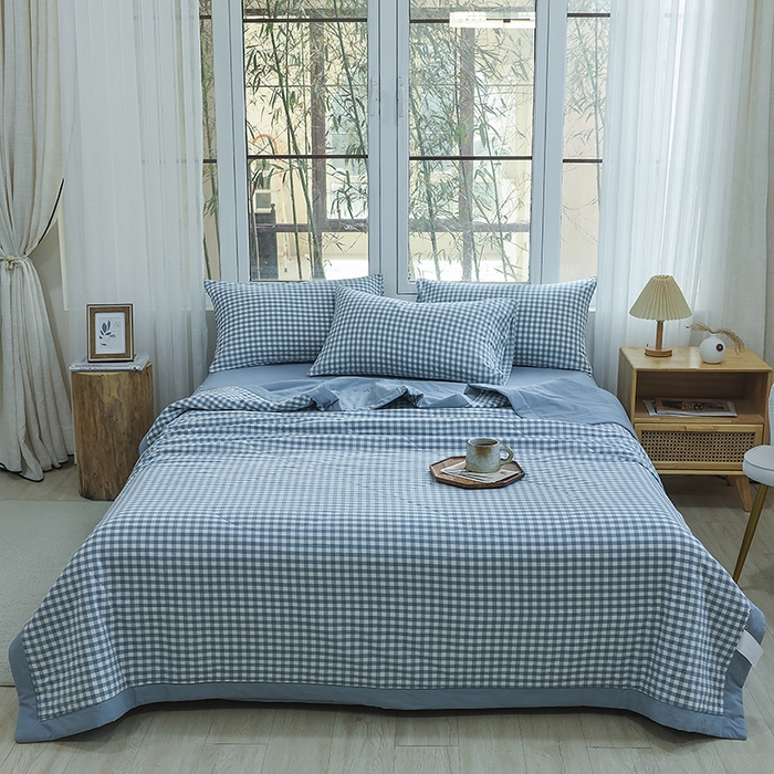 91家纺网 家纺一手货源 找家纺 柠萌家居 2026新款全棉色织水洗棉棉花夏被四件套里外全棉空调被 夏凉被被子被芯 浅蓝小格