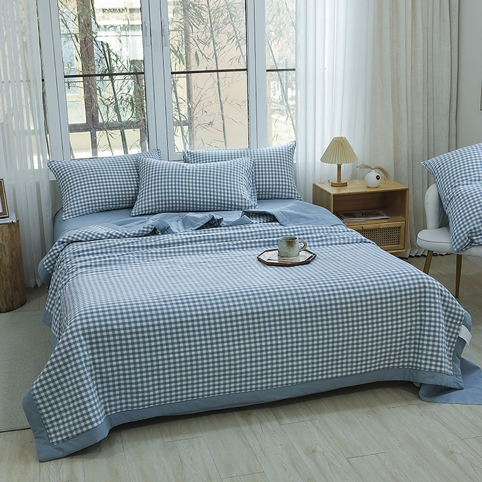 91家纺网 家纺一手货源 找家纺 柠萌家居 2026新款全棉色织水洗棉棉花夏被四件套里外全棉空调被 夏凉被被子被芯 浅蓝小格