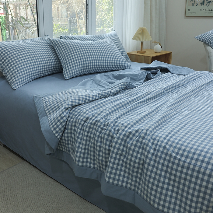 91家纺网 家纺一手货源 找家纺 柠萌家居 2026新款全棉色织水洗棉棉花夏被四件套里外全棉空调被 夏凉被被子被芯 浅蓝小格