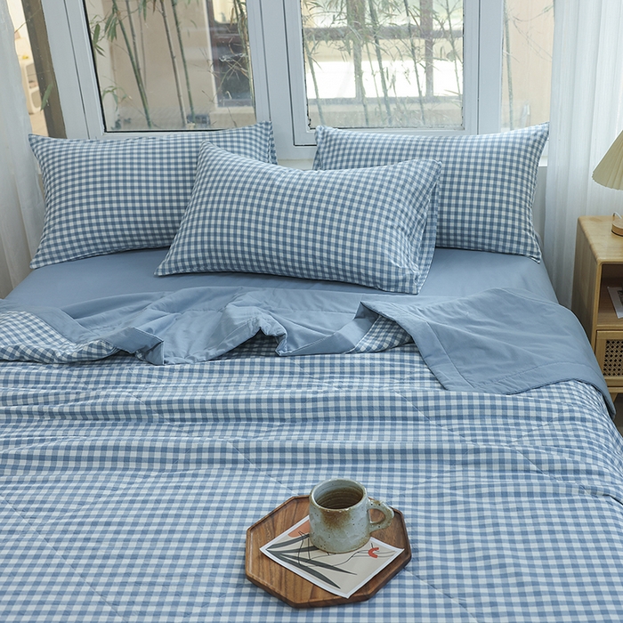 91家纺网 家纺一手货源 找家纺 柠萌家居 2026新款全棉色织水洗棉棉花夏被四件套里外全棉空调被 夏凉被被子被芯 浅蓝小格