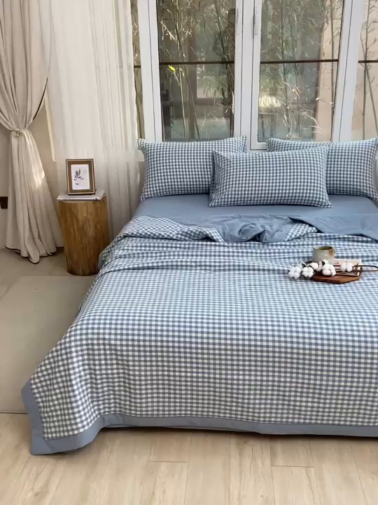 91家纺网 家纺一手货源 找家纺 柠萌家居 2026新款全棉色织水洗棉棉花夏被四件套里外全棉空调被 夏凉被被子被芯 浅蓝小格