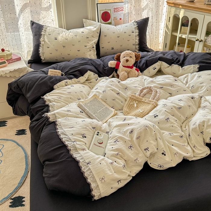 91家纺网 家纺一手货源 找家纺 （总）贝凯瑞 2026新款小花边水洗棉绣花ins小清新床单床裙床笠四件套