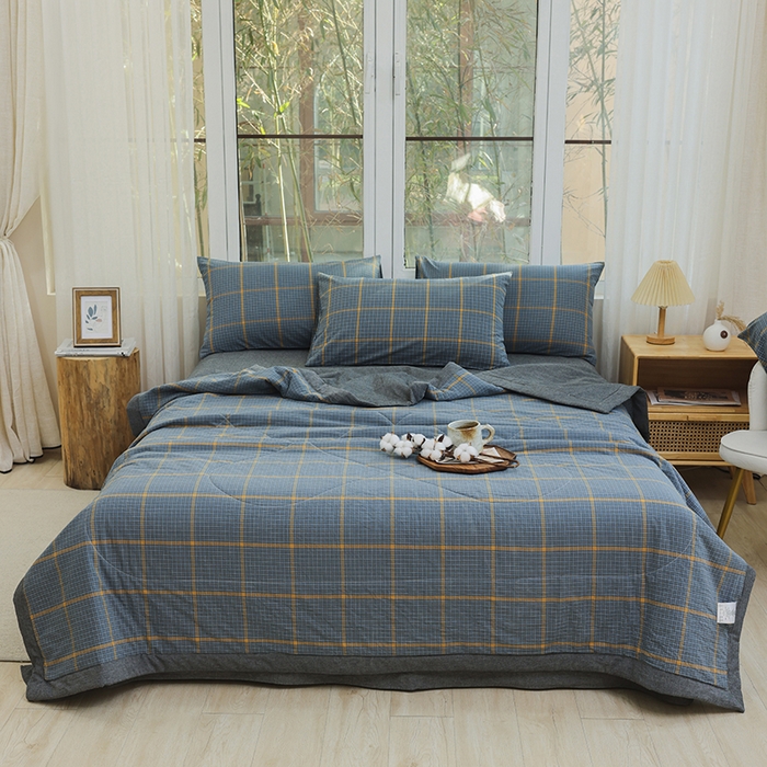 91家纺网 家纺一手货源 找家纺 柠萌家居 2026新款全棉色织水洗棉棉花夏被四件套里外全棉空调被 夏凉被被子被芯 瓦尔灰