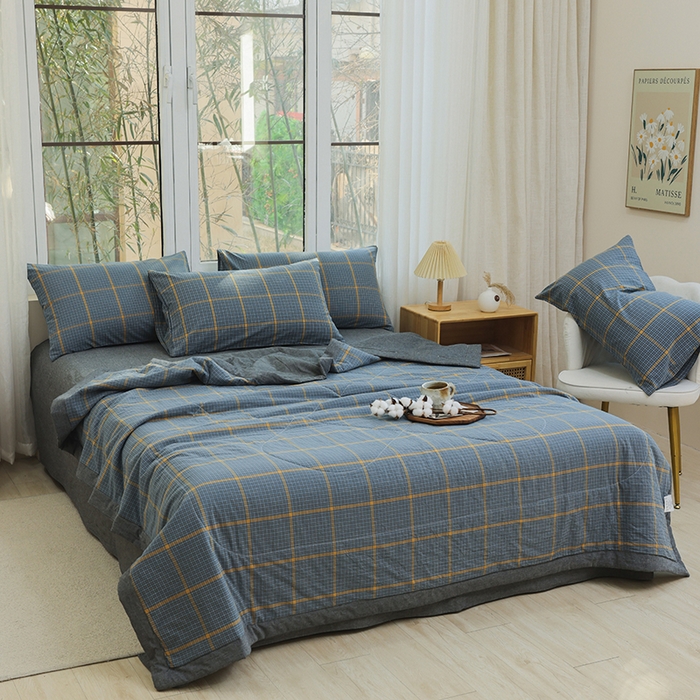 91家纺网 家纺一手货源 找家纺 柠萌家居 2026新款全棉色织水洗棉棉花夏被四件套里外全棉空调被 夏凉被被子被芯 瓦尔灰