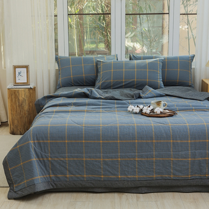 91家纺网 家纺一手货源 找家纺 柠萌家居 2026新款全棉色织水洗棉棉花夏被四件套里外全棉空调被 夏凉被被子被芯 瓦尔灰