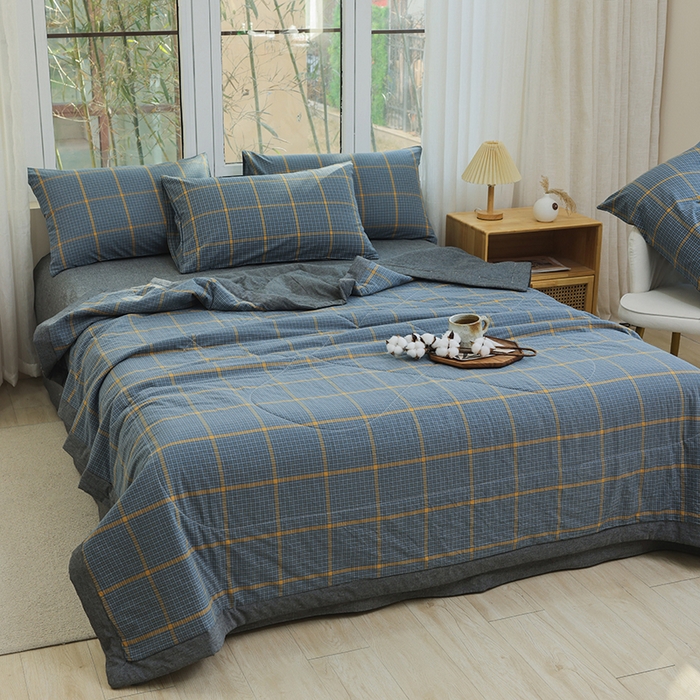 91家纺网 家纺一手货源 找家纺 柠萌家居 2026新款全棉色织水洗棉棉花夏被四件套里外全棉空调被 夏凉被被子被芯 瓦尔灰