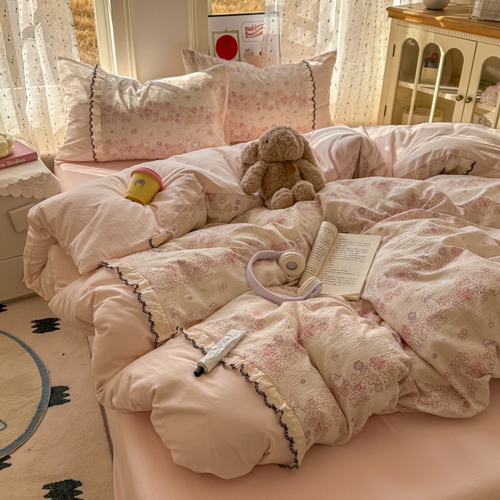 91家纺网 家纺一手货源 找家纺 （总）贝凯瑞 2026新款小花边水洗棉绣花ins小清新床单床裙床笠四件套