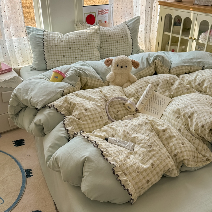 91家纺网 家纺一手货源 找家纺 （总）贝凯瑞 2026新款小花边水洗棉绣花ins小清新床单床裙床笠四件套