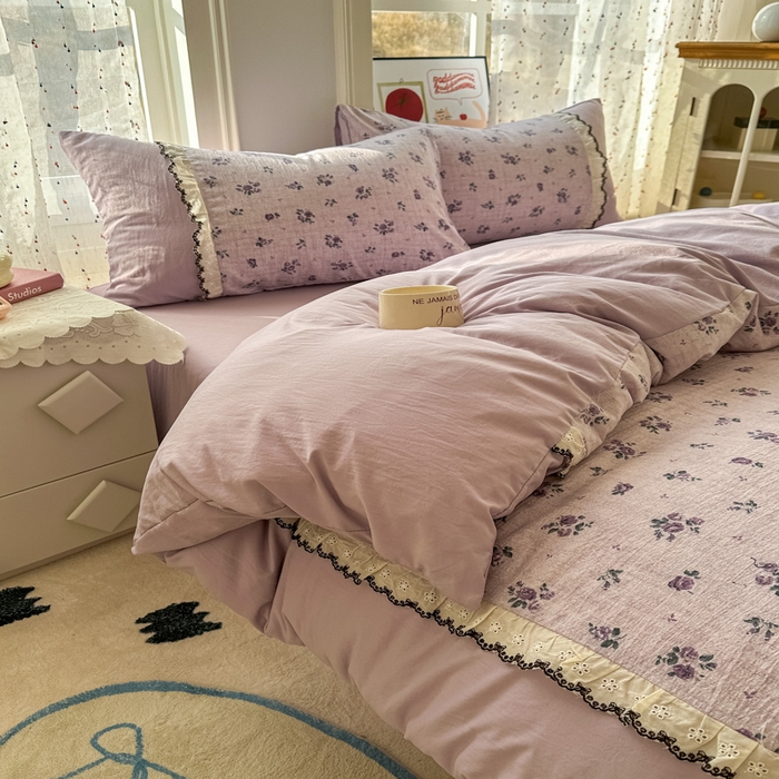 91家纺网 家纺一手货源 找家纺 贝凯瑞 2026新款小花边水洗棉绣花ins小清新床单床裙床笠四件套 梵妮