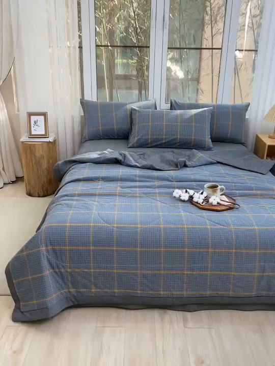 91家纺网 家纺一手货源 找家纺 柠萌家居 2026新款全棉色织水洗棉棉花夏被四件套里外全棉空调被 夏凉被被子被芯 瓦尔灰