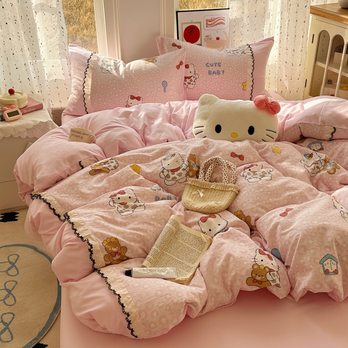 贝凯瑞 2026新款小花边水洗棉绣花ins小清新床单床裙床笠四件套 哈喽猫咪