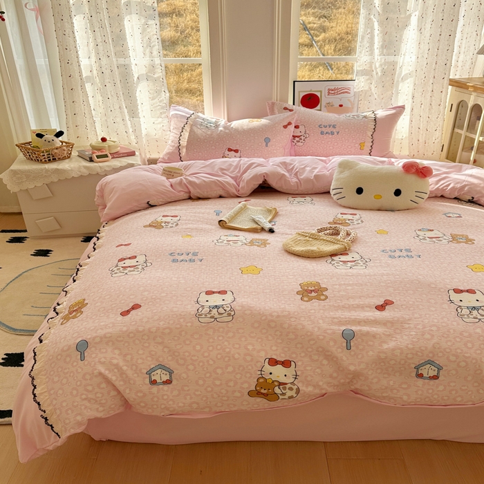 91家纺网 家纺一手货源 找家纺 贝凯瑞 2026新款小花边水洗棉绣花ins小清新床单床裙床笠四件套 哈喽猫咪