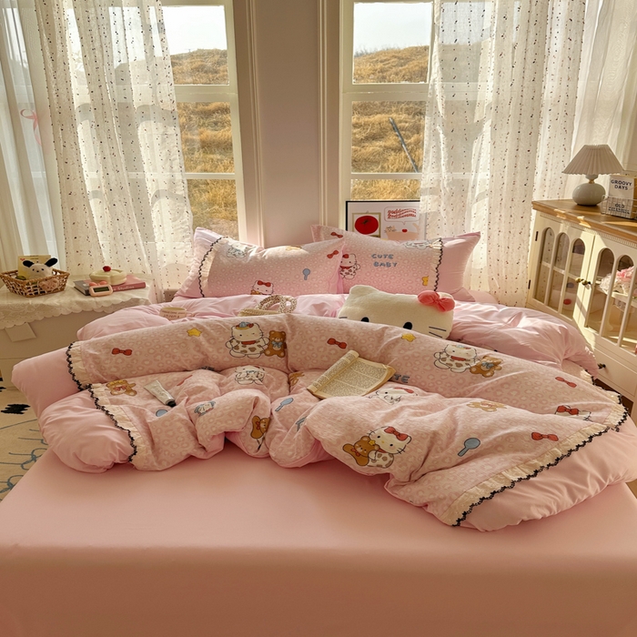 91家纺网 家纺一手货源 找家纺 贝凯瑞 2026新款小花边水洗棉绣花ins小清新床单床裙床笠四件套 哈喽猫咪