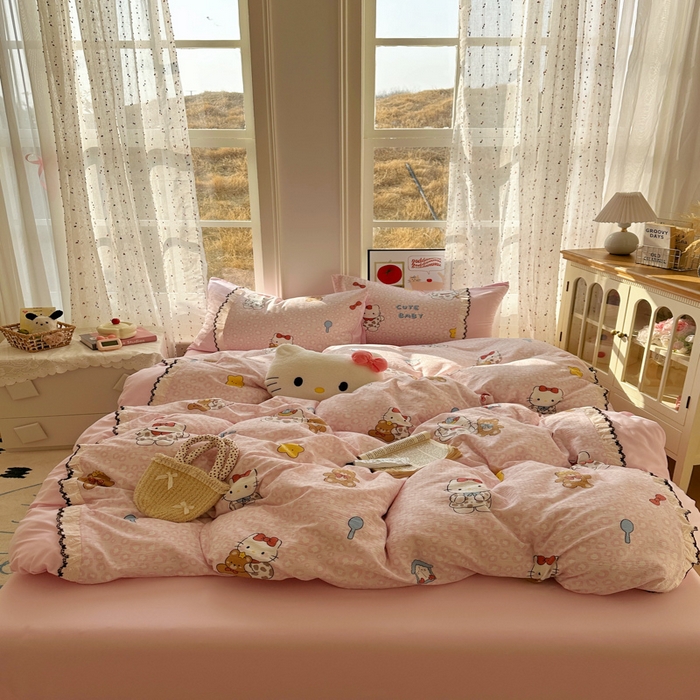 91家纺网 家纺一手货源 找家纺 贝凯瑞 2026新款小花边水洗棉绣花ins小清新床单床裙床笠四件套 哈喽猫咪