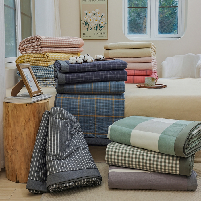 91家纺网 家纺一手货源 找家纺 柠萌家居 2026新款全棉色织水洗棉棉花夏被四件套里外全棉空调被 夏凉被被子被芯 组合