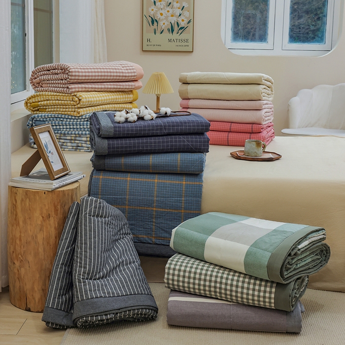 91家纺网 家纺一手货源 找家纺 柠萌家居 2026新款全棉色织水洗棉棉花夏被四件套里外全棉空调被 夏凉被被子被芯 组合