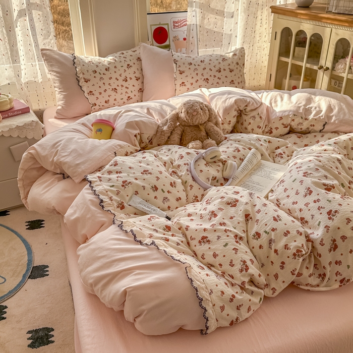 贝凯瑞 2026新款小花边水洗棉绣花ins小清新床单床裙床笠四件套 蘑菇园