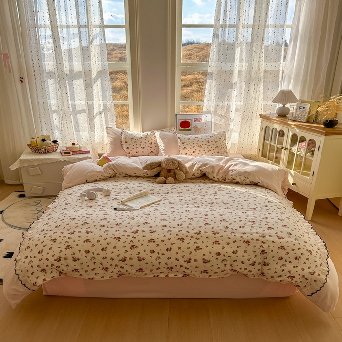 91家纺网 家纺一手货源 找家纺 贝凯瑞 2026新款小花边水洗棉绣花ins小清新床单床裙床笠四件套 蘑菇园